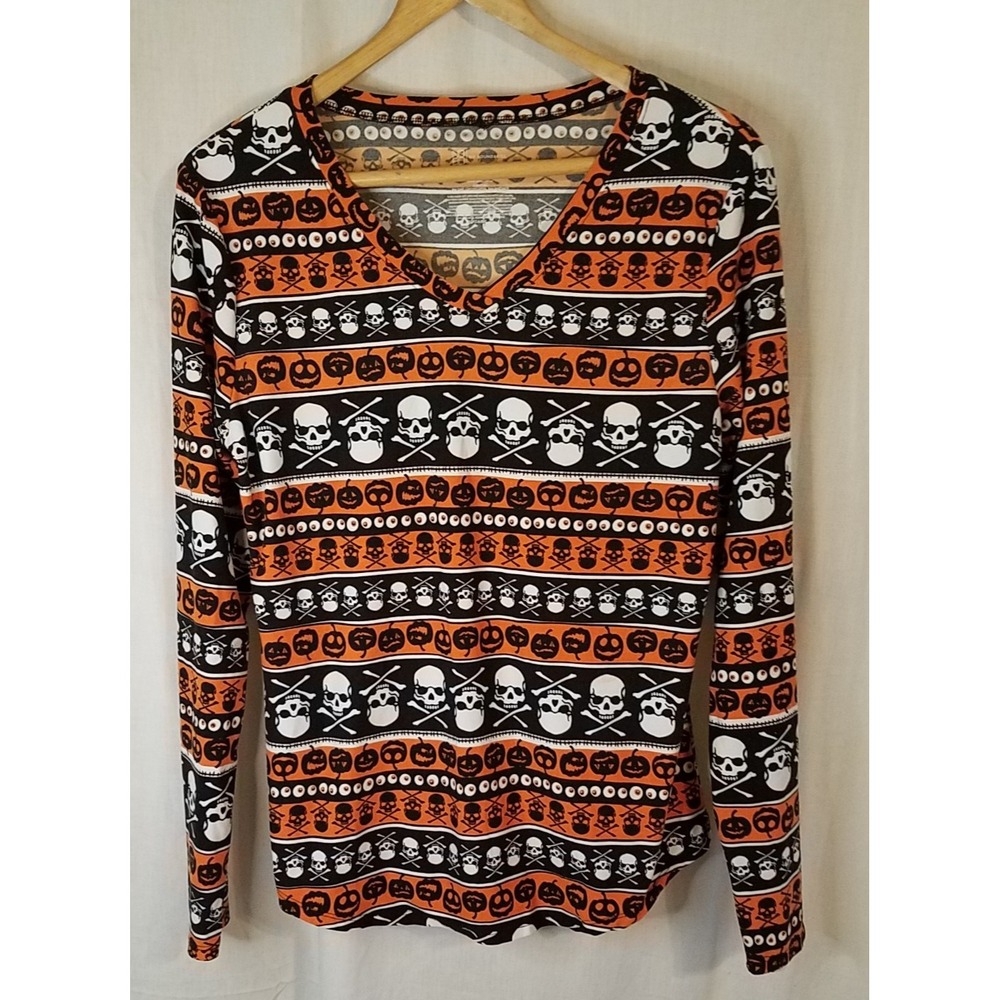 No Boundaries Halloween Pumpkin Skulls Crossbones Soft Shirt Top XL 15-17